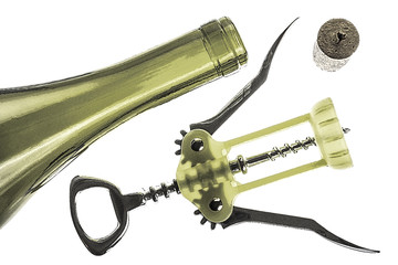 Empty wine bottle with corkscrew and cork