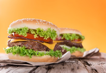 delicious hamburger on wood