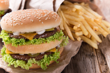 delicious hamburger on wood