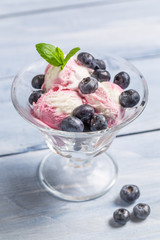 Bowl with blueberry ice cream and leaf mint