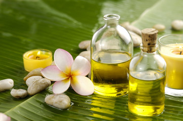 frangipani and stones with yellow candle, massage oil