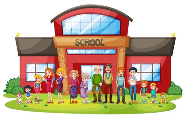 A big family in front of the school building