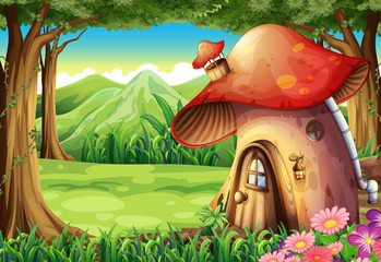 A forest with a mushroom house