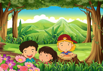 Obraz na płótnie Canvas Three playful kids at the woods