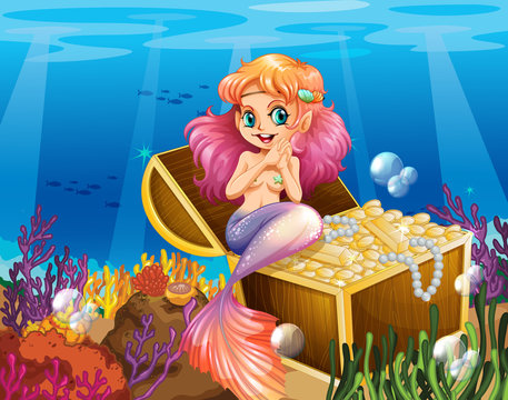 A mermaid under the sea beside the treasures