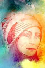 Fototapeta na wymiar woman sketch portrait in hat