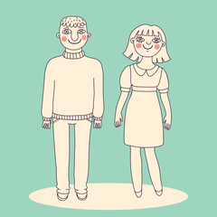 Drawn man and woman. Young couple.