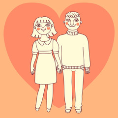 Drawn man and woman. Young couple in love.