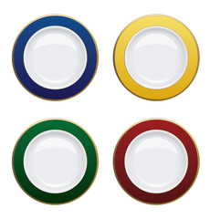 Colorful plate with gold rims on white background. Vector illust