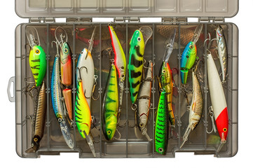 Set of fishing lures in box