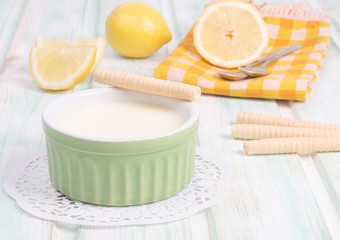 Fototapeta na wymiar Lemon cream with waffles
