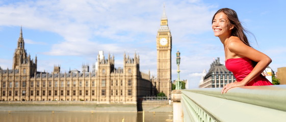 London England travel banner - woman and Big Ben