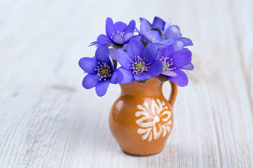 liverwort flowers on wooden surface