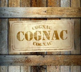 Stamp Cognac label old wooden box