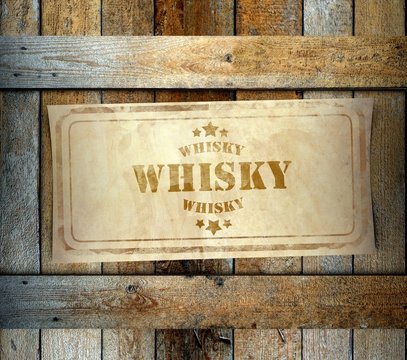 Stamp Whisky label old wooden box