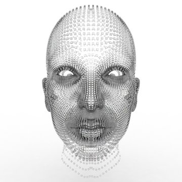 Portrait of futuristic 3d female model on white background