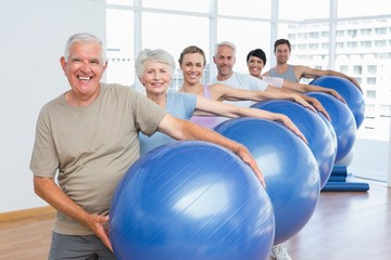 Fototapeta na wymiar Sporty people carrying exercise balls in bright gym