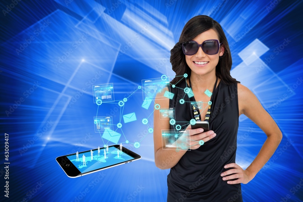 Poster glamorous brunette using smartphone with email symbols