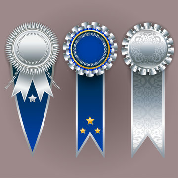 Vector champion medals. Set of silver, gold and blue badges with