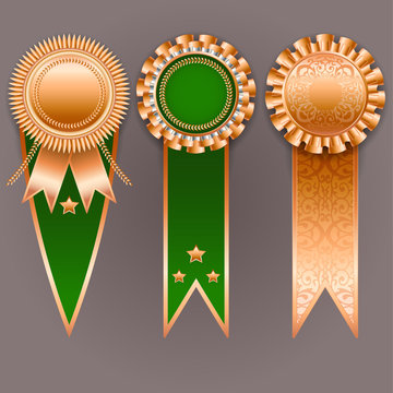Vector champion medals. Set of bronze and green badges with ribb