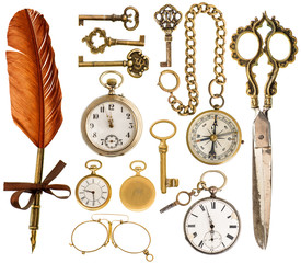 antique accessories. antique keys, clock, scissors, compass