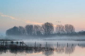 Landscape of lake in mist with sun glow at sunrise