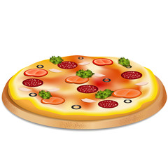 pizza with sausage, tomatoes and olives
