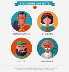 Bookstore subjects, flat icons and characters