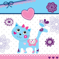 cute little cat and bird invitation card vector illustration