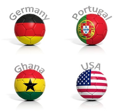 Group of soccer balls Germany,Portugal,Ghana,USA isolated