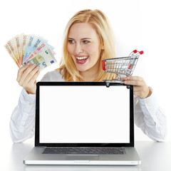 Blond woman did a bargain on the internet