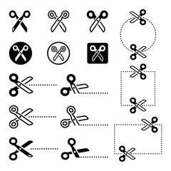 Scissors with cut lines icons set