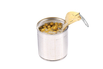 Tin can with green peas.