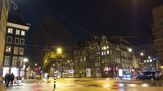 Night traffic of Amsterdam at night. Time lapse.