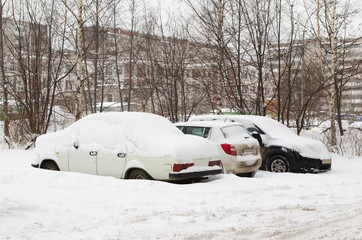 Cars under snow on parking