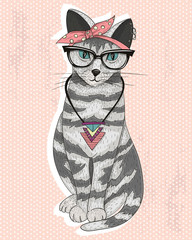 Śliczny hipster rockabilly kot z szalikiem, okularami i necklac - 63019239