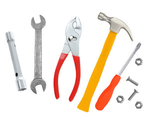 Hammer, screwdriver and wrenches isolated on white