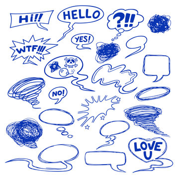 Set of comic speech bubbles, shapes and icons.