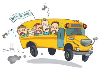 Sad kids, crying, going back to school on a bus.