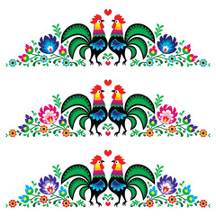 Polish floral folk long embroidery pattern with roosters