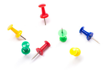 Set of push pins in different colors, with real shadows, isolate