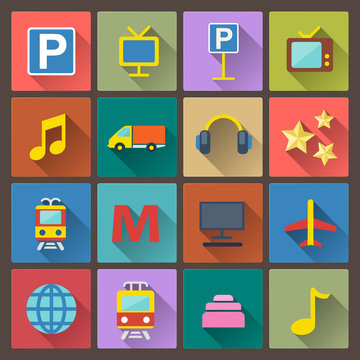 set of transport and entertainment icons in flat design style
