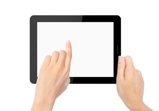 tablet computer isolated in a hand on the white backgrounds. lik