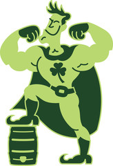 Super Hero Man powered by beer showing his muscles and his foot up on a keg while smiling and showing proudly a clover on his chest