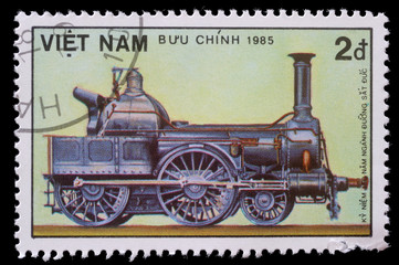 Fototapeta na wymiar Stempel drukowane w Wietnamie pokazuje parowóz