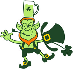 Green Leprechaun Balancing with a Glass of Beer over his Head
