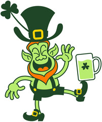Green Leprechaun Balancing a Glass of Beer on his foot