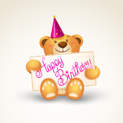Cute teddy bear with a banner, template greeting card