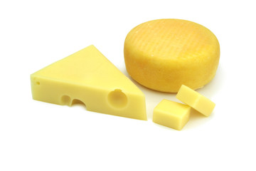 Emmental and kashar cheese on white background