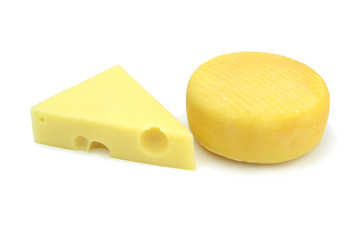 Emmental and kashar cheese on white background
